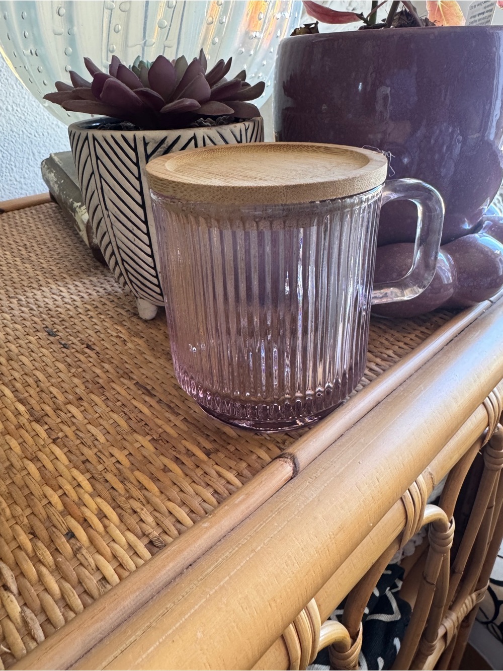 Ribbed Lavender Pink Glass Coffee Mug w/ Bamboo Lid 12.5oz Cozy Aesthetic Cup